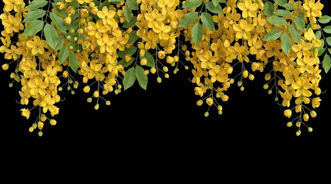 Happy Vishu Festival Background with Golden Konna Flowers Border on White, Kerala New Year Floral Frame Design