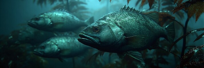 Fototapeta premium Large fish are swimming near aquatic plants underwater in ocean