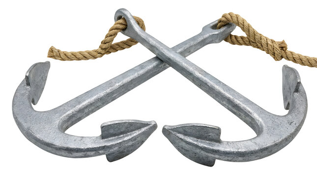 Vintage galvanized steel anchors with hemp rope, crossed nautical ship anchors, rustic maritime hardware for marine sailing and ocean decor isolated PNG with Transparent Background