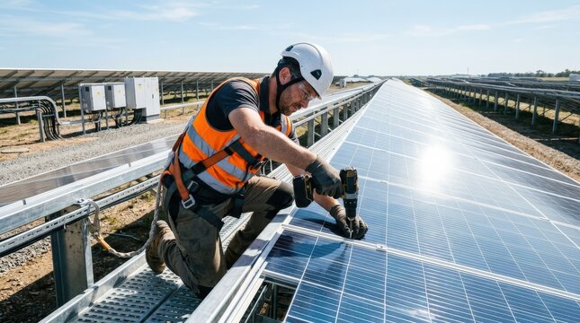 Technician installing solar panels using drill screwdriver at renewable energy station, protective gear and modern equipment visible, bright sunlight reflecting on panels, industrial eco-friendly