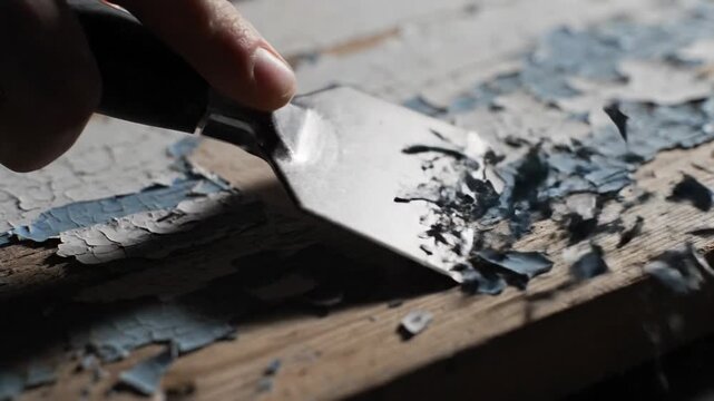Close-up of hand scraping peeling blue and white paint off weathered wood