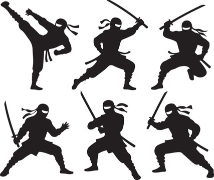 Silhouettes of ninja warriors demonstrating various combat stances with swords