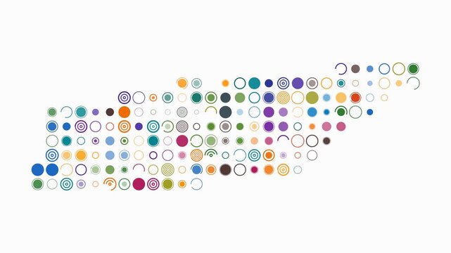 Tennessee animated shape. Pulsating colored dots on the map of the state. Large size circle blocks. Digital style Tennessee map on white background. Simple animation video.