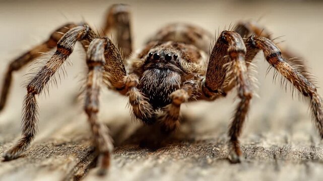 Closeup Macro Shot of a Hairy Spider on a Wooden Surface.