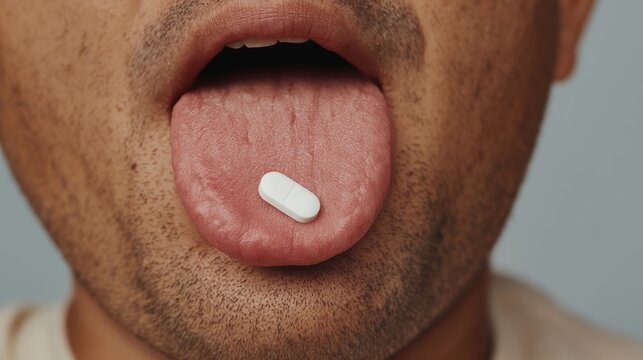 Man with open mouth showcasing pill, highlighting oral medication use.