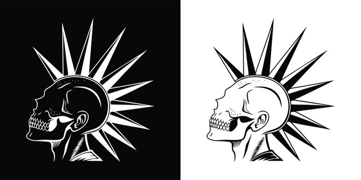 Striking black and white graphic illustration featuring a stylized human skull profile sporting a dramatic spiked mohawk hairstyle motif