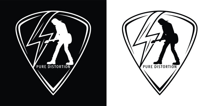 Iconic guitar pick logo featuring a silhouette of a rock musician playing a heavy electric guitar inside.