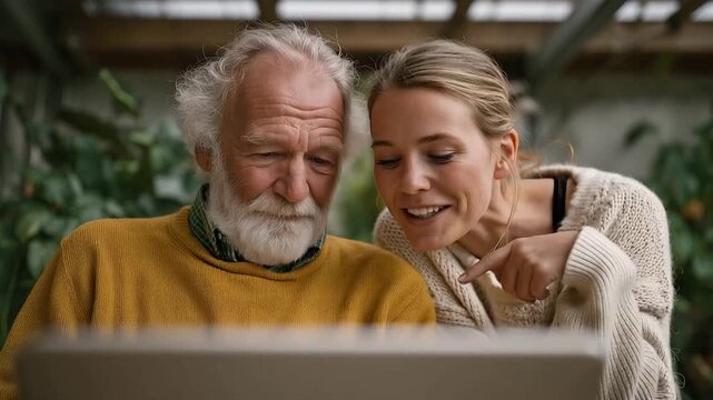 Adult son and daughter comparing memory care facility websites on laptop while elderly father with dementia waters houseplants peacefully in background, perfect for Alzheimer plann