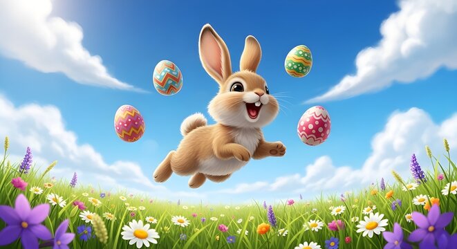 Happy easter bunny jumping in a vibrant spring meadow with colorful decorated eggs floating in the blue sky