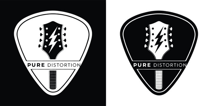 Iconic guitar pick logo design prominently featuring a lightning bolt and the words pure distortion brand.