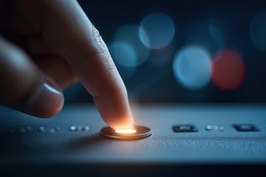 Finger poised above a glowing button on a device in a dimly lit environment with soft bokeh effects