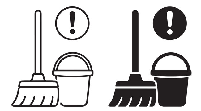 cleaning mop and bucket with caution sign icon set, sanitation and maintenance equipment symbol with warning indicator in outline and silhouette styles isolated on transparent background