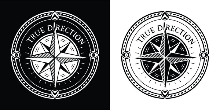 Striking black and white compass rose emblem featuring the words true direction symbolizing guidance and navigation