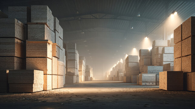 Warehouse filled with construction-grade plywood sheets stacked in neat rows
