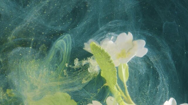 Green leaf drifting beside white primrose in teal current, microstudy showcasing leaf texture, herbalist research atmosphere, gentle ink trails,