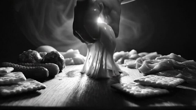 Dramatic black and white close-up of hand pulling up mozzarella cheese, showcasing texture and satisfying food photography