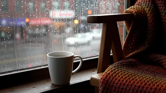 Warm Steaming Mug by Window on Rainy City Street with Cozy Blanket.