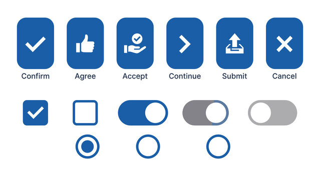 User interface web navigation concept. Set of blue UI buttons, toggle switches, and checkboxes.