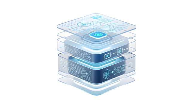 Modern 3D render of a central data processing unit with glowing blue energy.