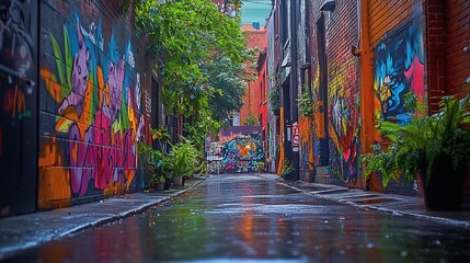 Fototapeta premium Curved narrow European street with vibrant graffiti murals and wet pavement reflections in historic neighborhood