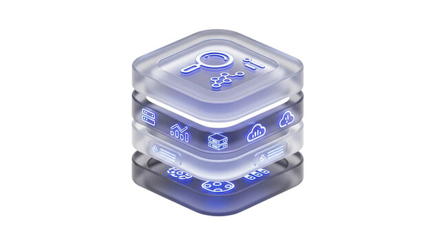 3D isometric glass cube with digital icons for cloud computing and data analysis.
