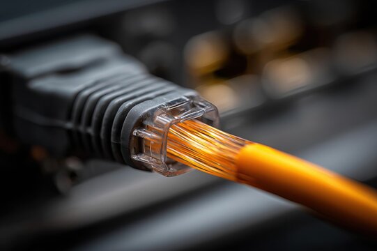 Close-up of an Ethernet connector with visible orange wires and a blurred background of networking hardware