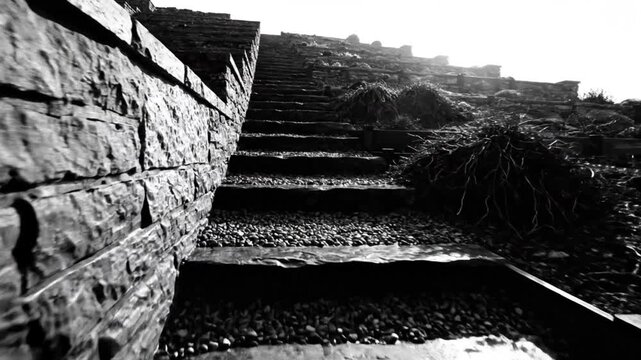 Black and white shot of stone steps in a garden, with water droplets and gravel in the foreground.