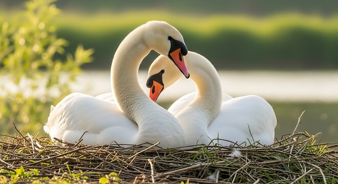 Two swans, necks intertwined, nestled together in a natural nest near water