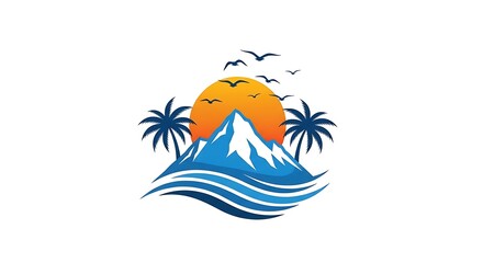 Obraz premium Vector illustration of mountains, ocean, palms, sun, and birds, evokes a tropical vibe