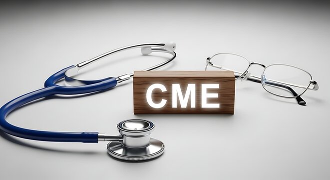 Medical stethoscope and glasses with CME sign for continuing education