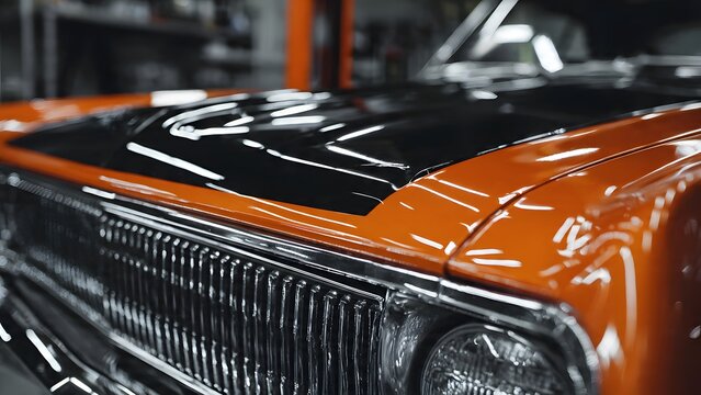Hyper-realistic macro of red ferrule brush working snow foam on modern LED headlight of black luxury sedan