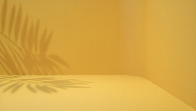 Palm leaf shadow on a warm yellow studio backdrop, natural light