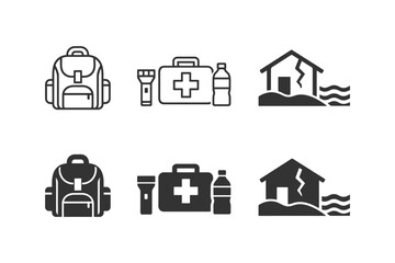 Fototapeta premium Emergency preparedness icons: backpack, first aid kit, flashlight, water, flooded house.