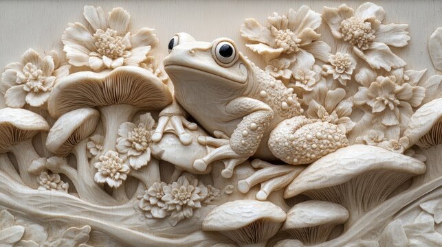 Carved ivory frog among flowers and mushrooms