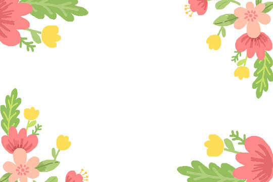 Playful hand-drawn floral border with pink and yellow flowers and green leaves in the corners, framing a clean white center. Bright, cheerful composition ideal for cards and backgrounds.