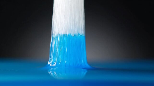 Close-up of white bristles absorbing bright blue liquid, macro shot