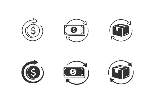 Money and package exchange icons with arrows for financial transactions and shipping.