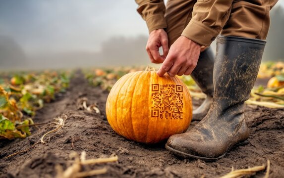 Farmer in Muddy Boots Scanning QR Code Carved into Pumpkin
