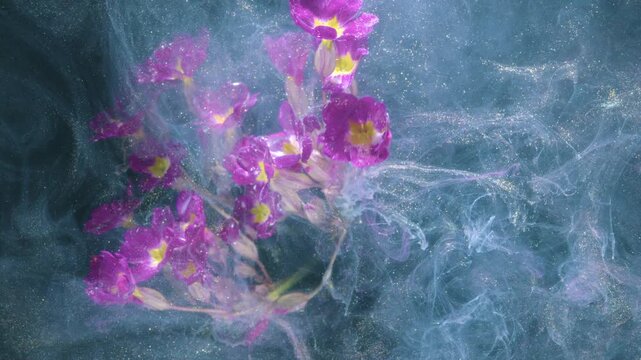 Pink primrose intertwined with mist and shimmering clouds. Magenta flower petals dissolve into luminous clouds and sparkling waters