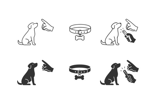 Dog training icons: commands, collars, and clickers in black and white.