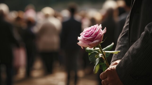 Close up of grieving adult holding a rose at a funeral service in a cemetery surrounded by mourners during an outdoor burial memorial honoring loss and remembrance

