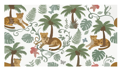 Fototapeta premium Jungle Leopard Seamless Pattern Tropical Palm Indian Textile Vector