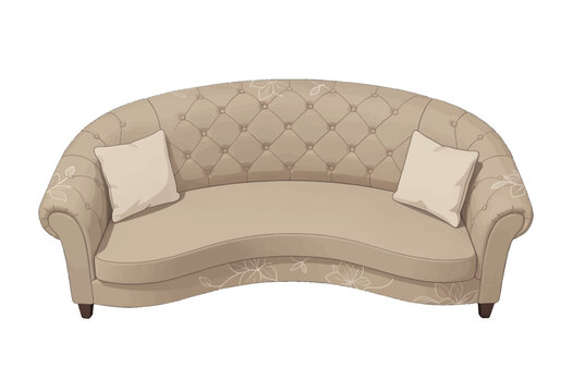 Elegant Curved Sofa Vector, Tufted Beige Couch Design with Pillows, Modern Furniture for Interior Decoration