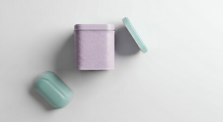 Obraz premium Top view of pastel-colored storage boxes on a white surface 