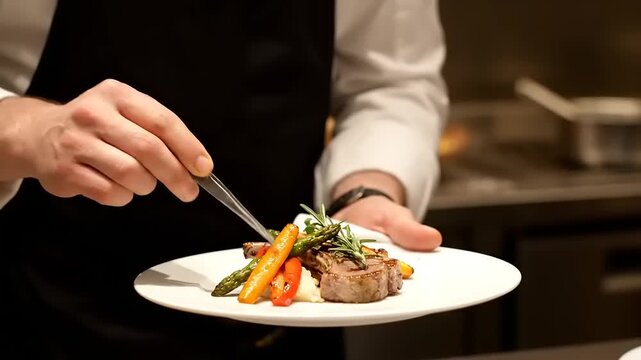 Chef serves gourmet lamb chops with rosemary and veggies in a fine restaurant.