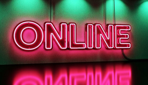 Photograph of a neon "ONLINE" sign with pink and blue lights, glowing against a red-lit background, casting a reflection on a glossy surface below. The sign is centered, with a minimalist, modern aest