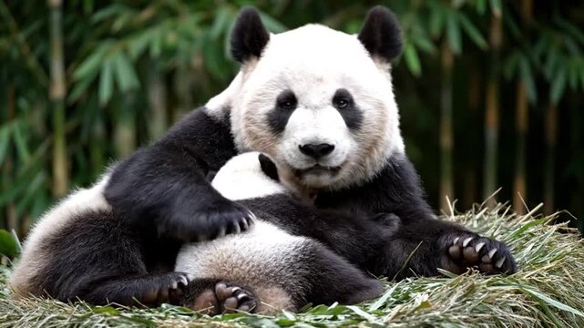 A mother panda and her cub cuddle together, surrounded by bamboo. They are resting on hay