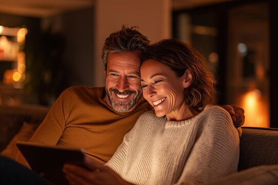Couple sharing a joyful moment while using a tablet on a cozy couch in softly lit living room