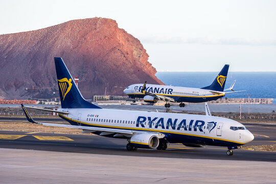 Ryanair Boeing 737-800 airplanes at Tenerife South airport in Spain