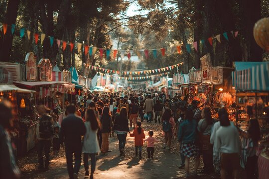 Annual community festival buzzing like a garden of joy with families and colorful stalls.